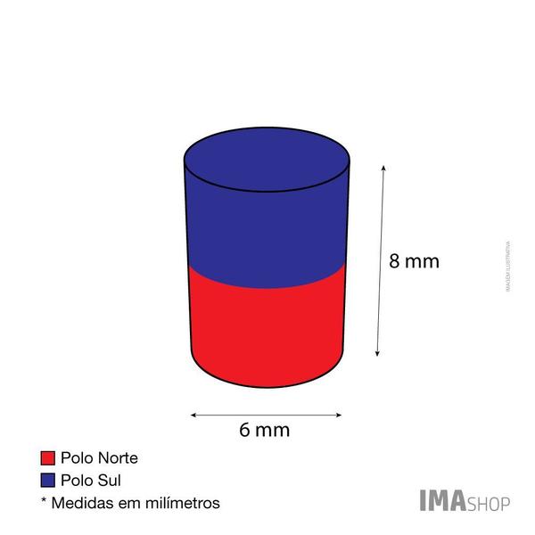 Imagem de Ímã Neodímio N35 Cilindro 6x8 mm Força Aprox. 1,1kg - 50 unidades
