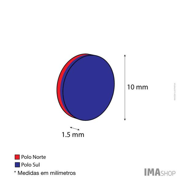 Imagem de Ímã Neodímio N35 Disco 10x1,5 mm Força Aprox. 790g - 10 unidades