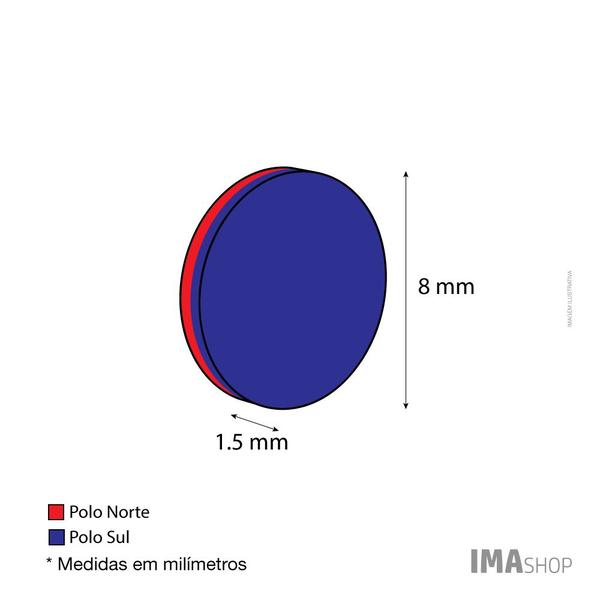 Imagem de Ímã Neodímio N35 Disco 8x1,5 mm Força 580g 50 unidades