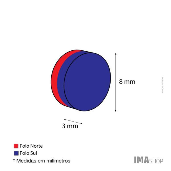 Imagem de Ímã Neodímio N35 Disco 8x3 mm Força Aprox. 1,1kg - 10 unidades