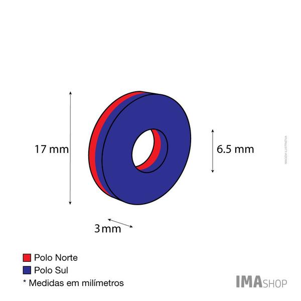 Imagem de Ímã Neodímio N42 Anel 17x6,5x3 mm Força Aprox. 3,4kg - 5 unidades