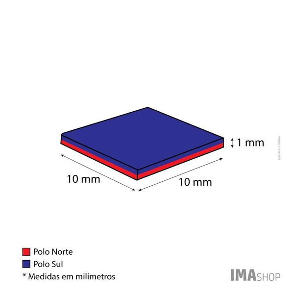 Imagem de Ímã Neodímio N42 Bloco 10x10x1 mm Força Aprox. 640g - 50 unidades