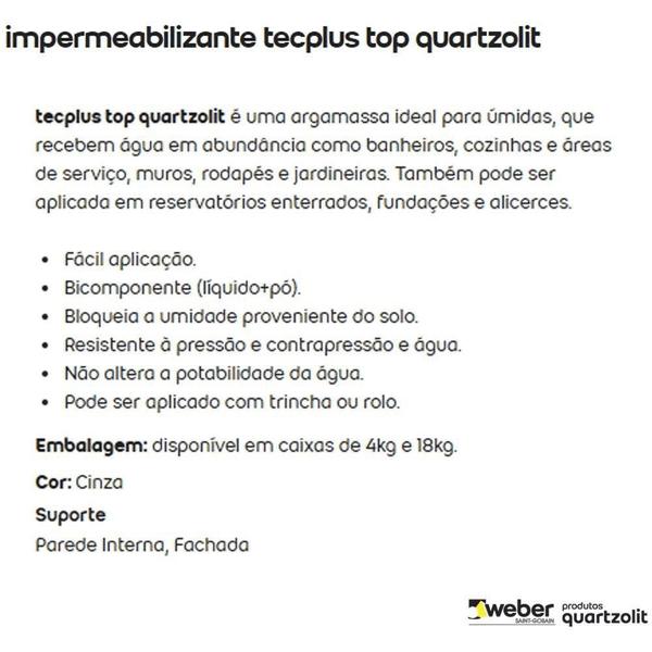 Imagem de Impermeabilizante Tecplus Top Cinza Quartzolit 18Kg