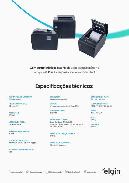 Imagem de Impressora de Cupom Térmica Elgin i7 Plus, USB, Ethernet e Guilhotina (NFC-e, SAT, MFE, outros)