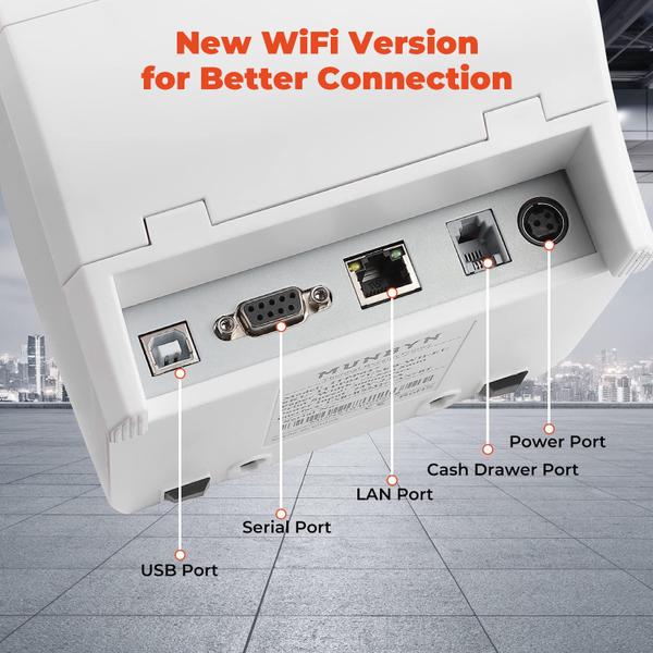 Imagem de Impressora térmica de recibos MUNBYN WiFi USB/LAN/RS232 80mm branca