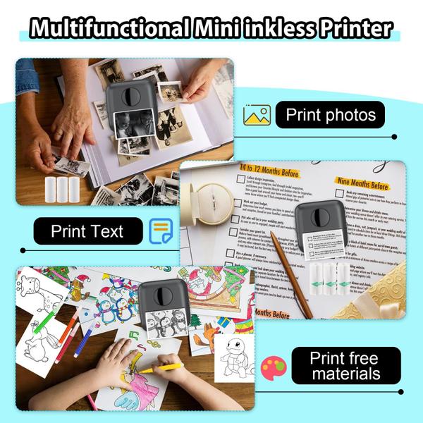 Imagem de Impressora térmica HuiJukeji Inkless Sticker Mini com 10 rolos de papel