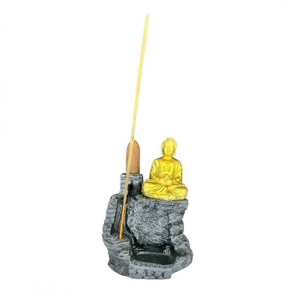 Imagem de Incensário Cascata Buda Tibetano Cinza Dourado Resina 13 cm