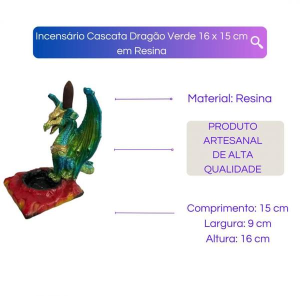 Imagem de Incensário Cascata Dragão Verde 16 x15 cm Resina