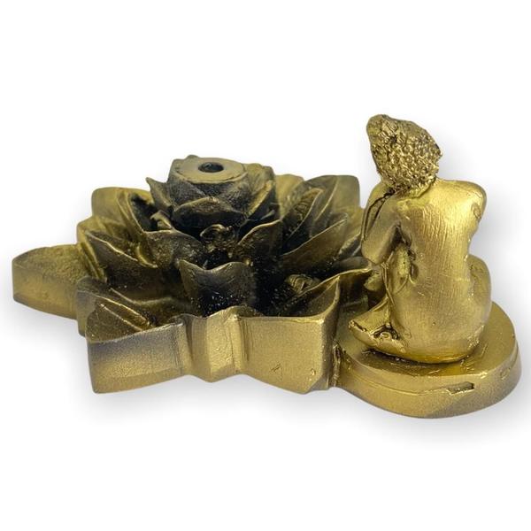 Imagem de Incensário Cascata Flor De Lotus Buda Ajoelhado Dourado 7 Cm