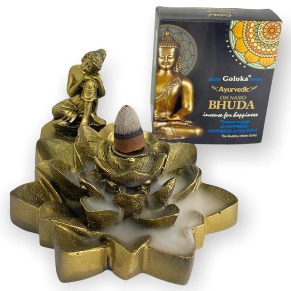 Imagem de Incensário Cascata Flor De Lotus Buda Ajoelhado Dourado 7 Cm