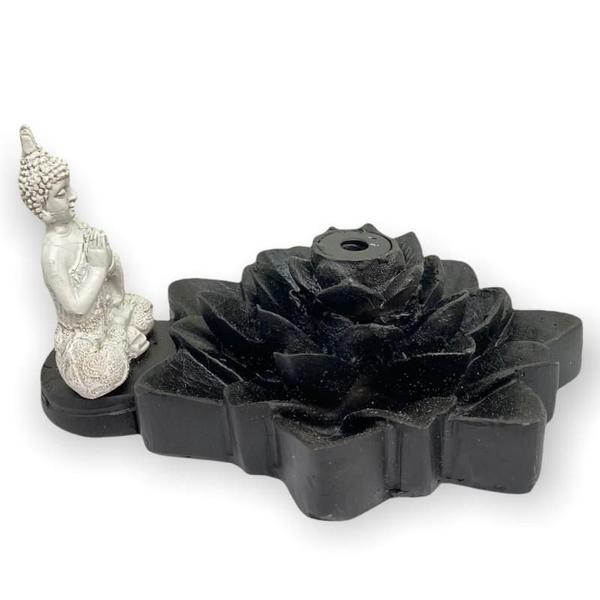 Imagem de Incensário Cascata Flor De Lotus Buda Mini Branco Preto 7Cm