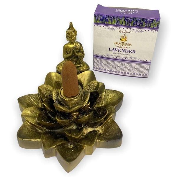 Imagem de Incensário Cascata Flor De Lotus Buda Mini Dourado 7Cm