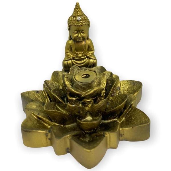 Imagem de Incensário Cascata Flor De Lotus Buda Tibetano Dourado 7 Cm