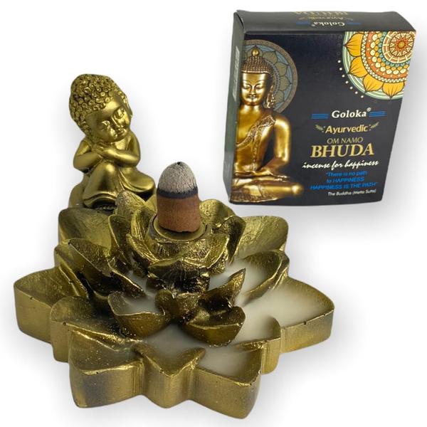 Imagem de Incensário cascata Flor de Lotus pontudo Buda sonhador dourado 7 cm em resina - 47200