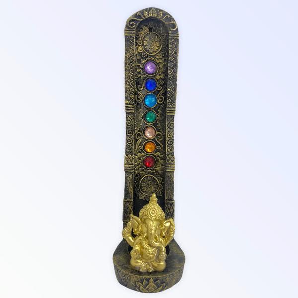 Imagem de Incensário indiano dourado 7 chakras Ganesh dourado 47161 vertical 22 cm em resina