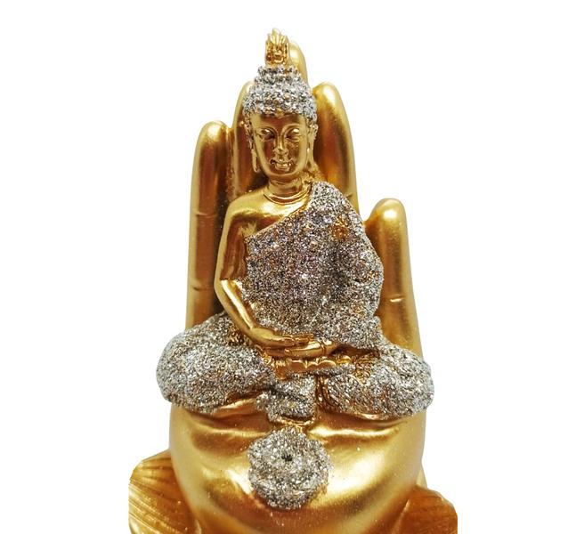 Imagem de Incensário Vareta Buda Mão Dourado Brilhante Pensando 11 cm
