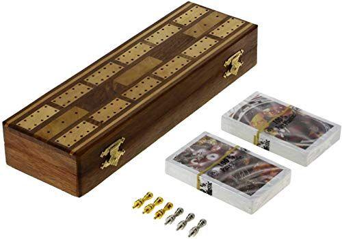 Imagem de Indian Glance Cribbage Board Game Set com armazenamento de pinos de metal exclusivos e 2 cartas de jogo de jogo de presente Set Box