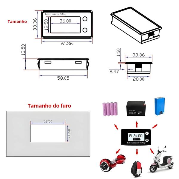 Imagem de Indicador de Capacidade de Bateria de Alta Tensão DC 8V-100V - Chumbo Ácido, Lítio e LiFePO4