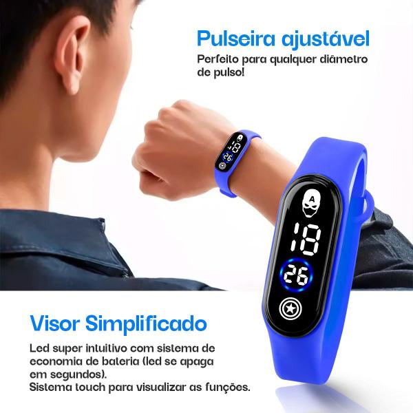 Imagem de Infantil capitaoamerica relógio digital + oculos proteção uv presente azul pulseira ajustavel menino
