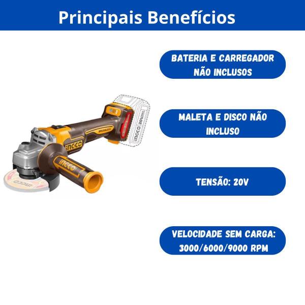 Imagem de Ingco esmerilhadeira ang bl 4.1/2pol a bateria (nao acompanha) 20v linha p20s (subst cagli20157)