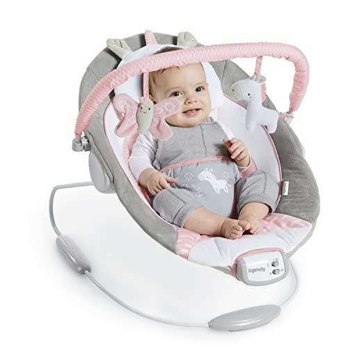 Imagem de Ingenuidade Reconfortante Baby Bouncer com assento infantil vibrante, música, removível -Toy Bar & 2 Brinquedos de Pelúcia - Flora o Unicórnio (Rosa), 0-6 Meses