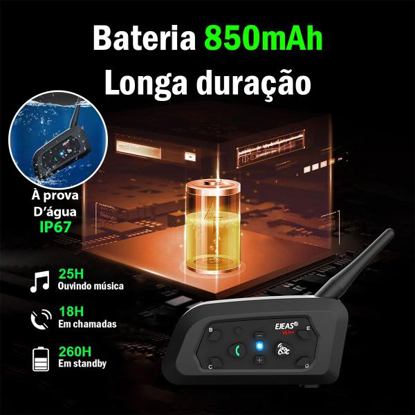 Imagem de Intercomunicador Ejeas V6 Pro+ Fone Bluetooth Moto Capacete Conecta Até 6 800m Bateria 18hs Redução Ruído Prova D'água