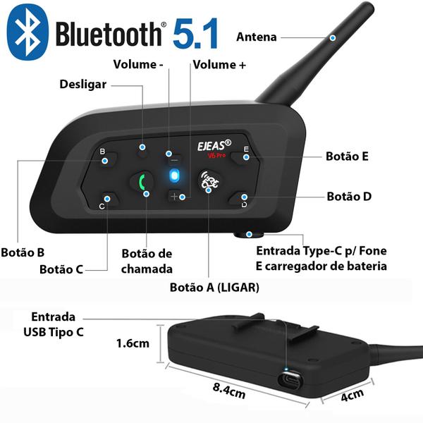 Imagem de Intercomunicador Ejeas V6 Pro+ Fone Bluetooth Moto Capacete Conecta Até 6 800m Bateria 18hs Redução Ruído Prova D'água