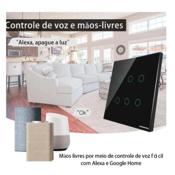 Imagem de Interruptor 6 Botões Smart Touch Led Wifi Rf433 Alexa Google