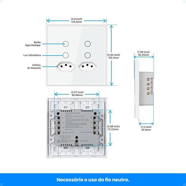 Imagem de Interruptor Com Tomada Inteligente Wifi 4 Botões Touch Smart