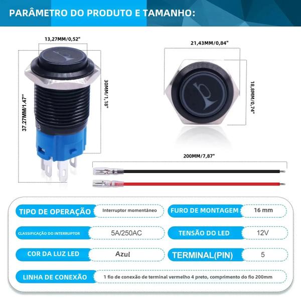 Imagem de Interruptor de Botão de Buzina 12V 16/19mm - Momentâneo com Soquete