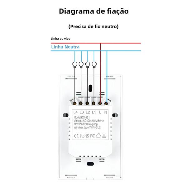 Imagem de Interruptor de Luz Wi-Fi Inteligente com Toque - Necessário Fio Neutro