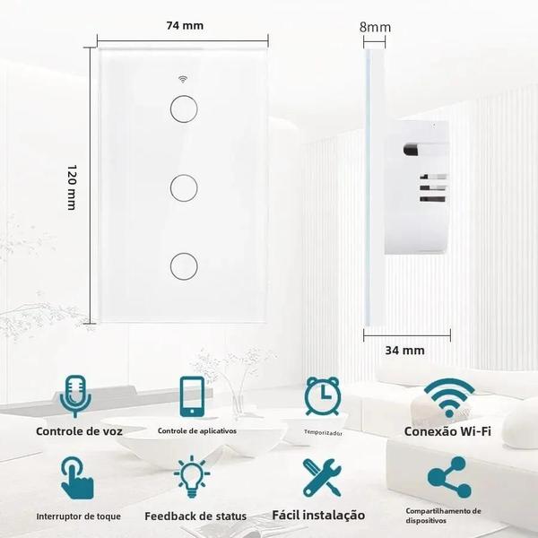 Imagem de Interruptor de Luz Wi-Fi Inteligente (EUA/120V) - Painel de Toque - Compatível com Alexa e Google Home (1/2/3 Gangues)