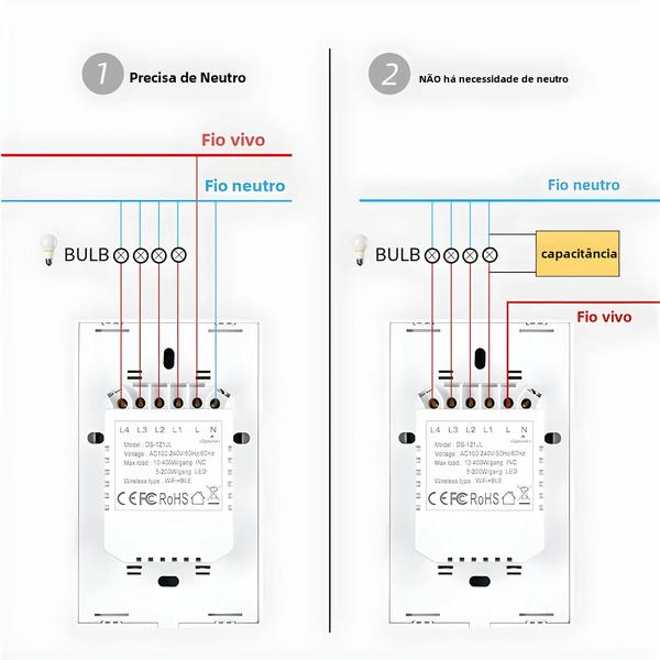 Imagem de Interruptor de Luz Wi-Fi Inteligente Tuya - Controle por Toque e Alexa (Fio Neutro Necessário) - 1/2/3/4 Gangues