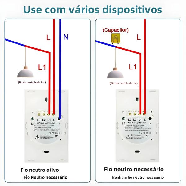 Imagem de Interruptor de Luz Wi-Fi Inteligente Tuya - RF433 - Funciona com Alexa (Fio Neutro Opcional)