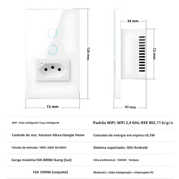 Imagem de Interruptor de Parede Inteligente Wi-Fi/Zigbee 16A/20A - Painel de Vidro - Compatível com Alexa