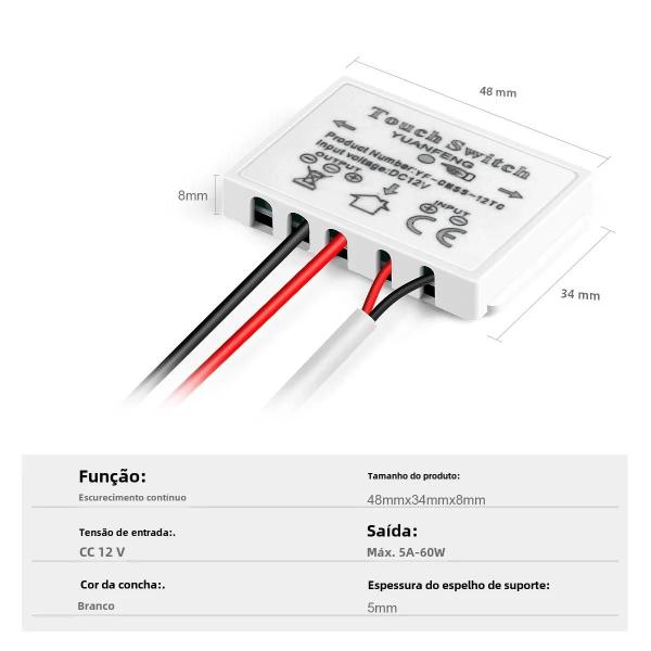 Imagem de Interruptor Dimmer LED Touch 12V 5A - Ajustável, CCT e Capacitivo para Espelho