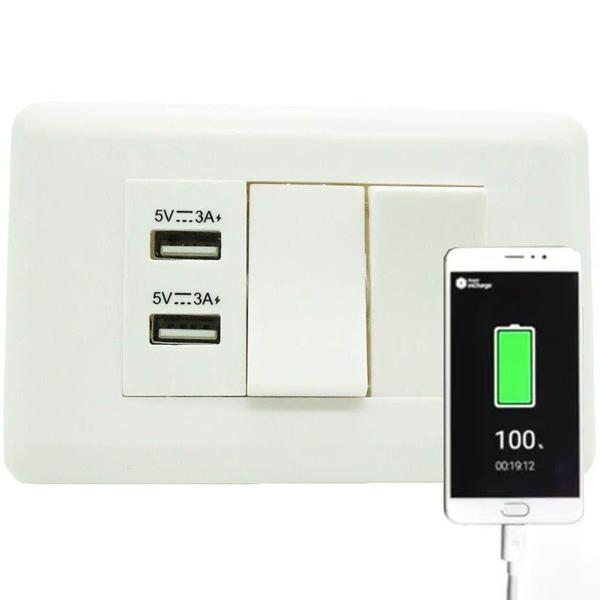 Imagem de Interruptor Duplo E 2 Entradas Usb Adaptador Celular Parede