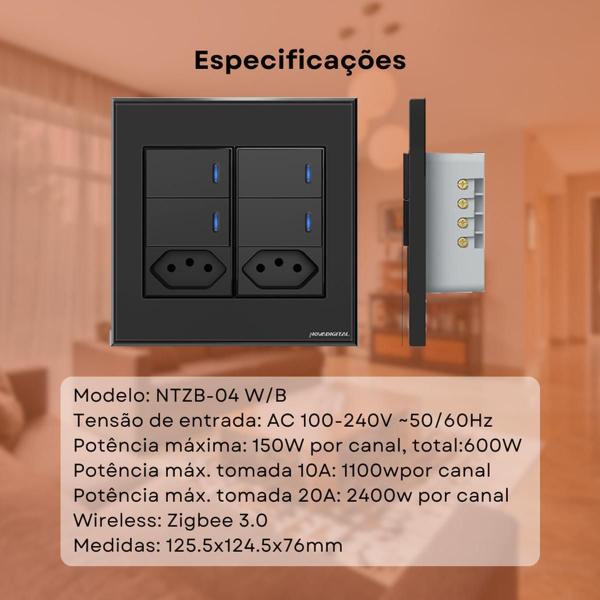 Imagem de Interruptor Inteligente Zigbee 4 Botões Tomadas 4X4 - Preto