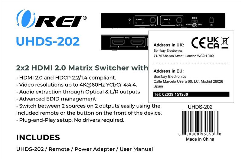 Imagem de Interruptor matricial HDMI OREI UHDS-202 2x2 4K @ 60Hz com controle remoto