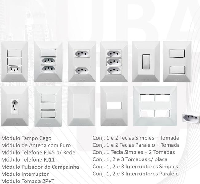 Imagem de Interruptor Simples 2 Teclas + Tomada 20A 2p+t Linha Dubai Bivolt 127v e 250v Com Espelho Branco