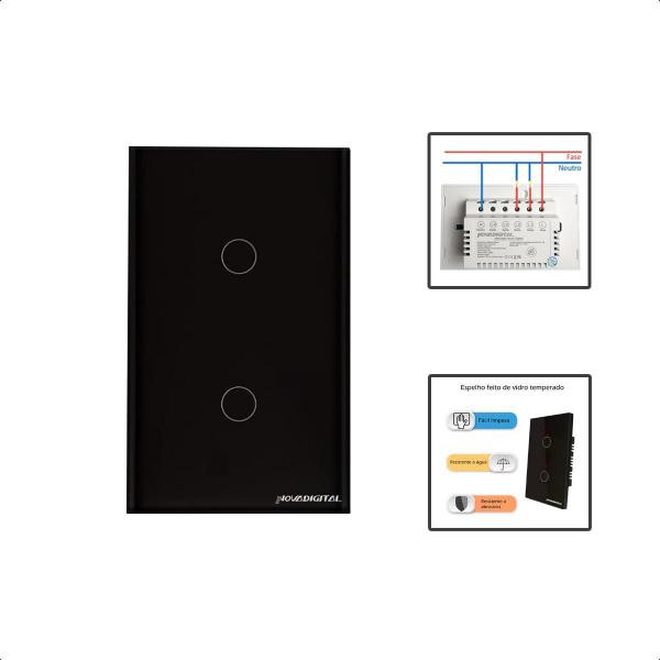 Imagem de Interruptor Zigbee Touch 2 Botões Inteligente 4X2 - Preto