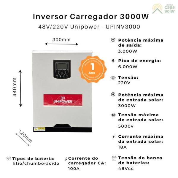 Imagem de Inversor Carregador 3kW 48V/220V 60A com Monitoramento Wifi Unipower - UNIPV3000