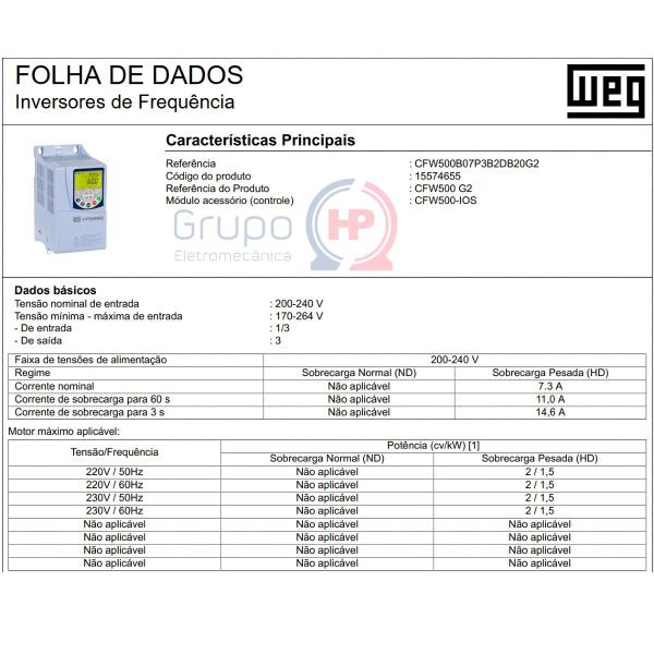 Imagem de Inversor de Frequência Weg CFW500 Monofásico e Trifásico 2CV 220VCA 7,3A