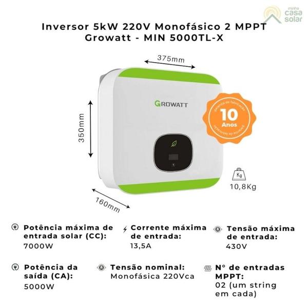 Imagem de Inversor Solar Monofásico 5kW 220V 2 MPPT Growatt - MIN5000TL X