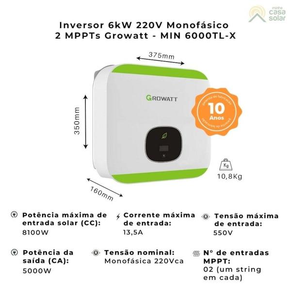 Imagem de Inversor Solar Monofásico 6kW 220V 2 MPPT Growatt - MIN6000TL X