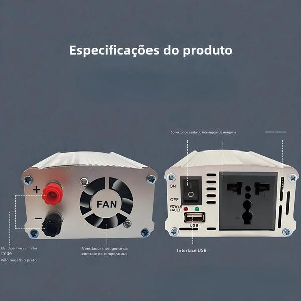 Imagem de Inversor Solar Portátil 12V/220V - 500W a 2000W - Conversor de Energia para Carro