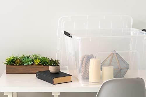 Imagem de IRIS USA 53 Qt. Plástico Armazenamento Bin Tote Organizing Container com tampa durável e fivelas de amarração seguras, empilháveis e aninhadas, 6 Pack, transparente com fivela preta