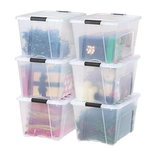 Imagem de IRIS USA 53 Qt. Plástico Armazenamento Bin Tote Organizing Container com tampa durável e fivelas de amarração seguras, empilháveis e aninhadas, 6 Pack, transparente com fivela preta