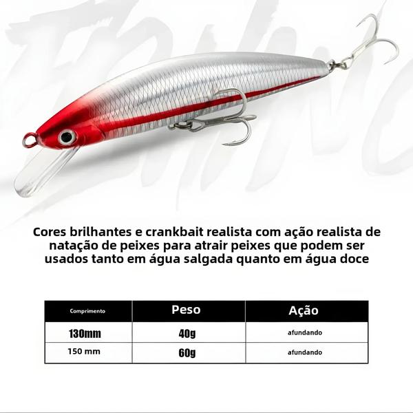 Imagem de Isca de Pesca Afundante Minnow 13cm/15cm - 40g/60g - Com Ganchos Fortes