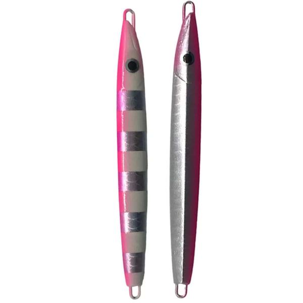 Imagem de Isca Jumping Jig Hybrid 150g 19,5cm Para Pesca De Olhete Anchova Olho De Boi Rosa Listrado Hot Glow